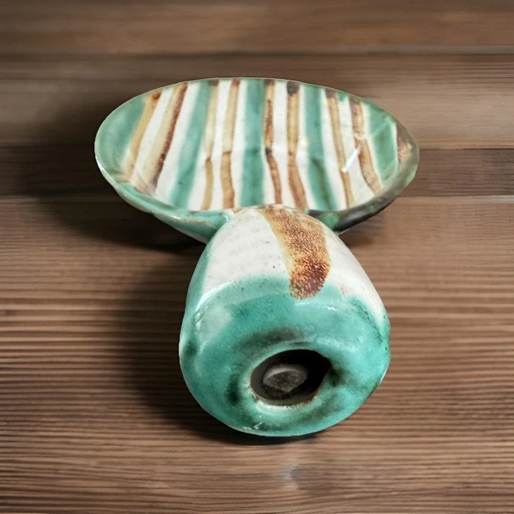 Robert Picault Vallauris France Handled Dish MCM Green Brown Stripes Pottery VTG